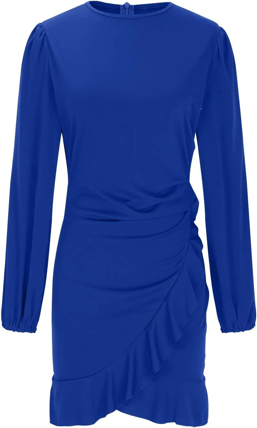 JOAU Women's Elegant Formal Cocktail Party Mini Dress Puff Long Sleeve Crew Neck Slim Fit Irregular Ruffle Hem Slit Dresses