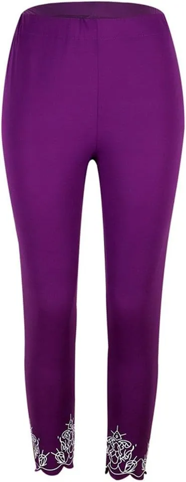 JOFOW Womens Leggings Solid Basic Lace Cuff High Waist Stretch Long Yoga Pants