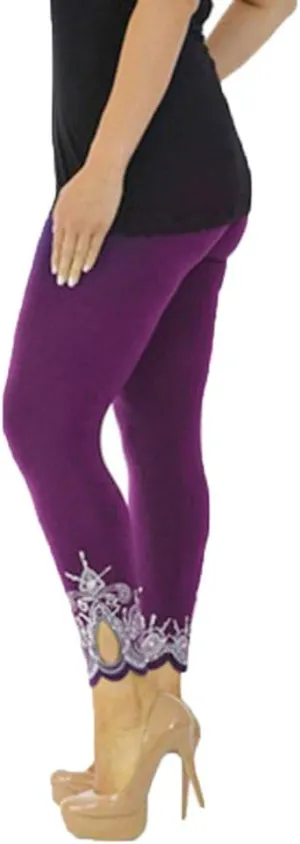JOFOW Womens Leggings Solid Basic Lace Cuff High Waist Stretch Long Yoga Pants
