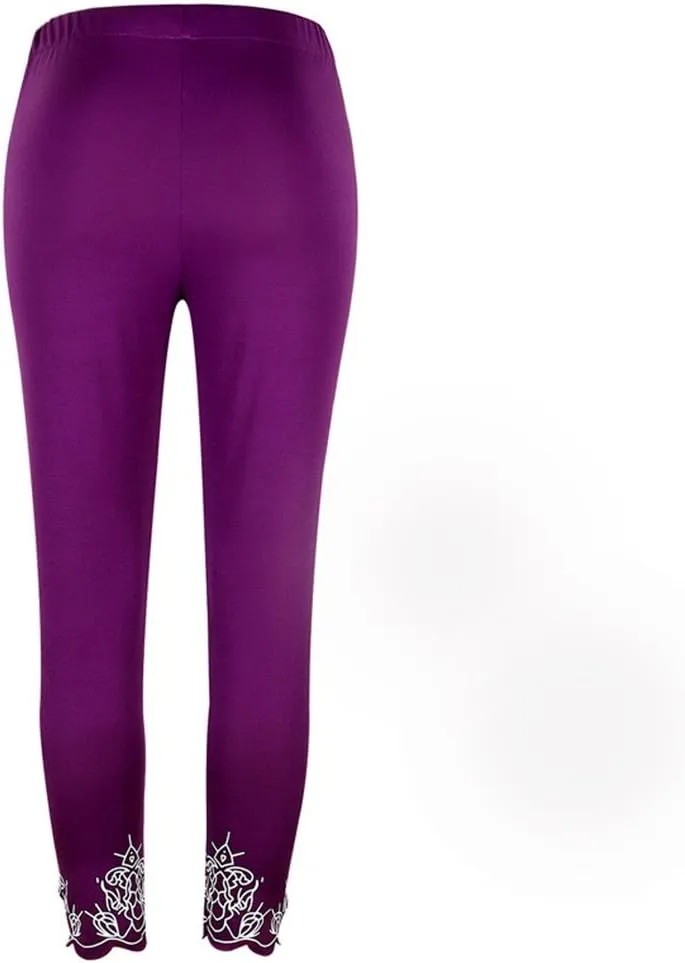 JOFOW Womens Leggings Solid Basic Lace Cuff High Waist Stretch Long Yoga Pants