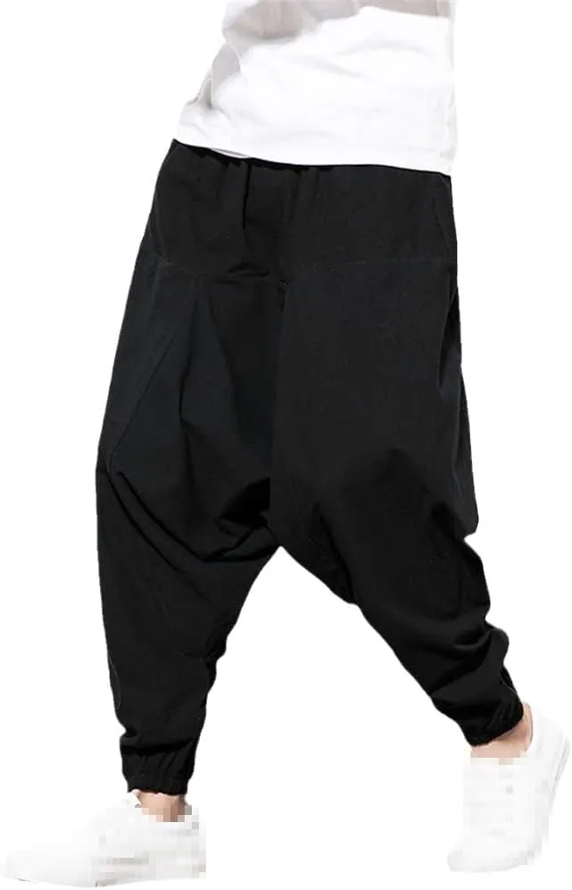keusyoi Chinese Style Harem Pants Men Casual Joggers Pants Mens Cotton Linen Sweatpants Ankle-Length Men Trousers