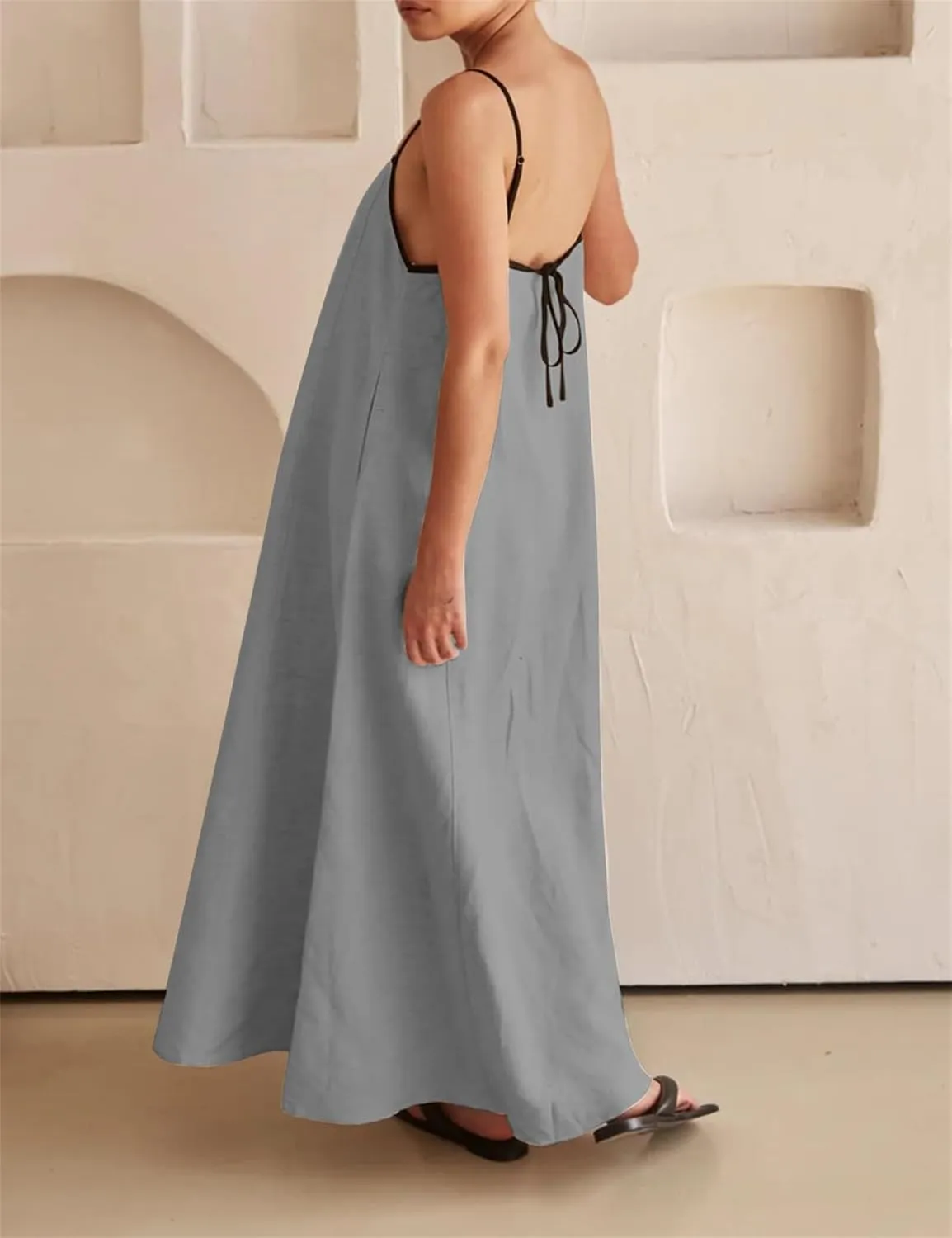 Kubbon Womens Linen Maxi Dress 2025 Summer Contrast Spaghetti Strap Dress Casual Sleeveless T Shirt Beach Dresses