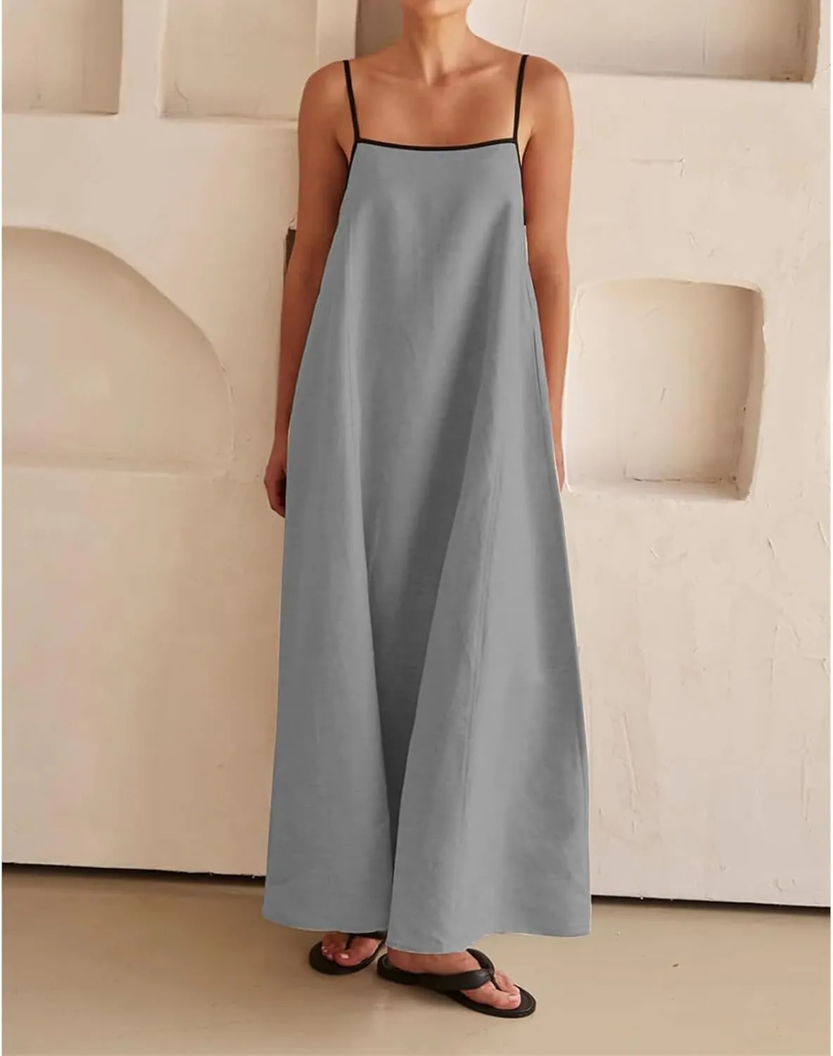 Kubbon Womens Linen Maxi Dress 2025 Summer Contrast Spaghetti Strap Dress Casual Sleeveless T Shirt Beach Dresses