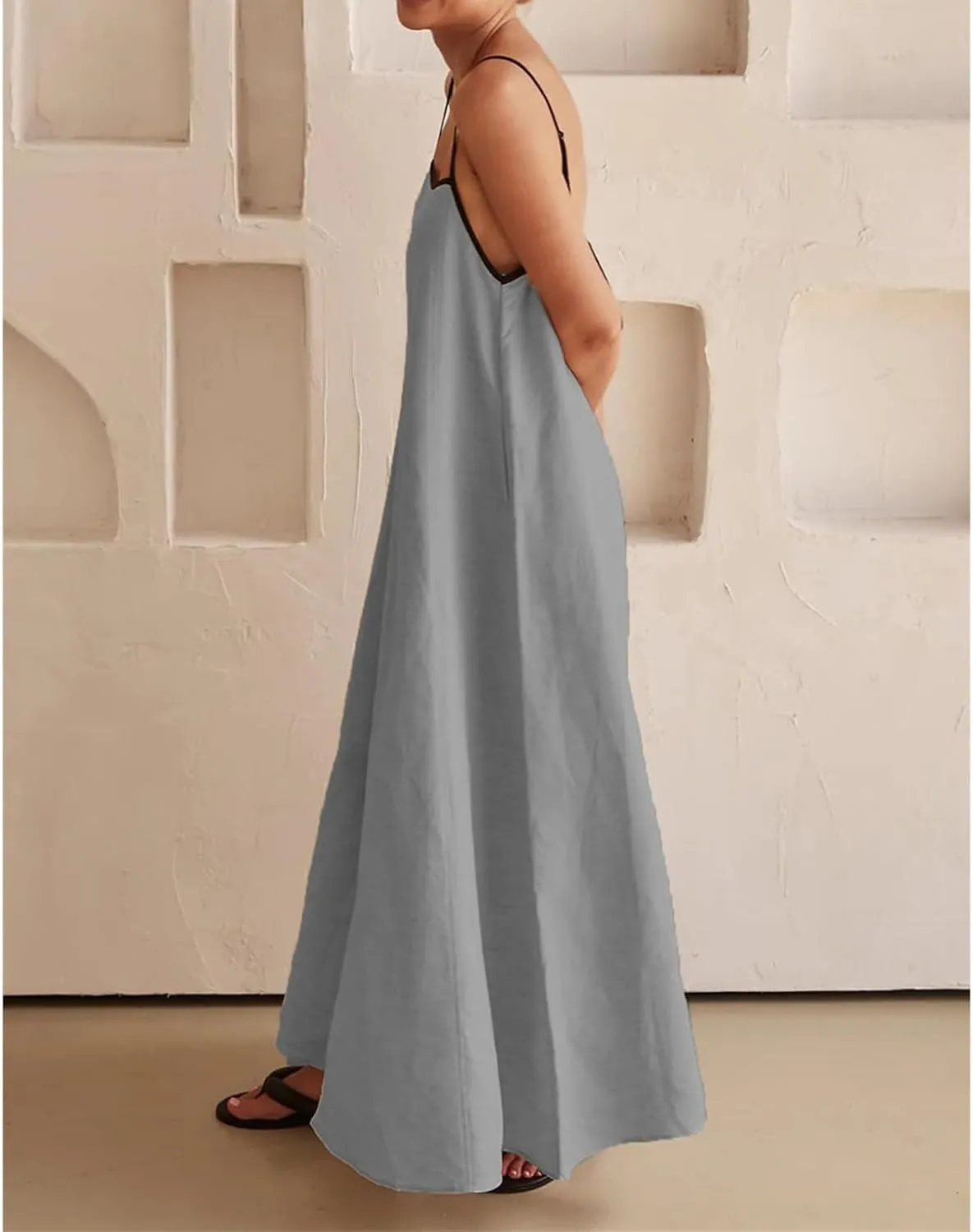 Kubbon Womens Linen Maxi Dress 2025 Summer Contrast Spaghetti Strap Dress Casual Sleeveless T Shirt Beach Dresses