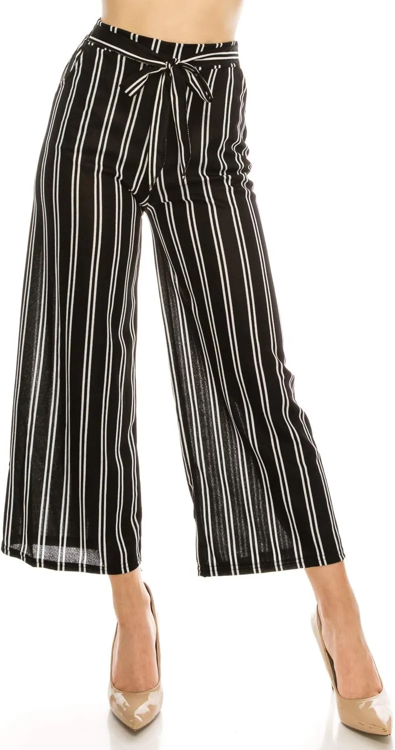 LA12ST Women High Waist Casual Self Tie Stripe Wide Leg Palazzo Pants Trousers