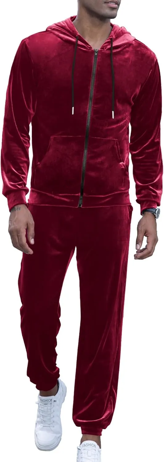 LecGee Mens Tracksuit Long Sleeve Full Zip Velour Hoodie Jacket Jogger Sweatpants Casual Velvet Sweatsuits Set M-3XL