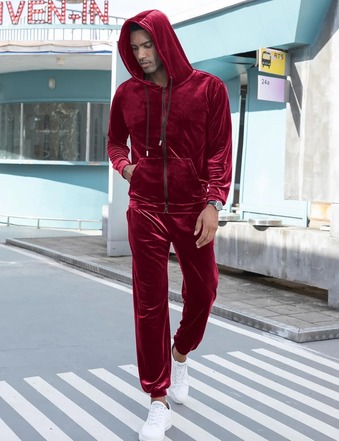 LecGee Mens Tracksuit Long Sleeve Full Zip Velour Hoodie Jacket Jogger Sweatpants Casual Velvet Sweatsuits Set M-3XL