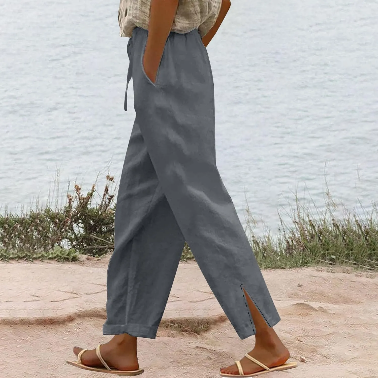 Linen Pants for Women 2025 Summer High Waist Elastic Straight Leg Lounge Pant Casual Loose Lightweight Beach Trousers