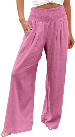 Linen Pants for Women Drawstring Elastic Waist Pants Casual Wide Leg Pants Work Pants Cute Palazzo Pants with Pockets