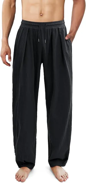 Linen Pants Women 2025 Summer Drawstring Elastic Waist Lightweight Palazzo Pants Baggy Comfy Vacation Trouser with Pockets