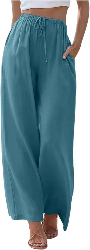 Linen Pants Women Summer Drawstring Elastic Waist Palazzo Trousers Loose Flowy Wide Leg Beach Pants with Pockets