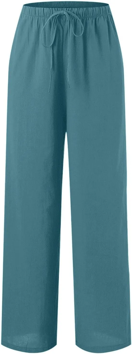 Linen Pants Women Summer Drawstring Elastic Waist Palazzo Trousers Loose Flowy Wide Leg Beach Pants with Pockets
