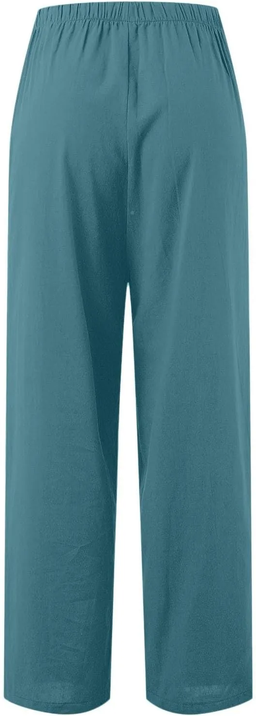 Linen Pants Women Summer Drawstring Elastic Waist Palazzo Trousers Loose Flowy Wide Leg Beach Pants with Pockets