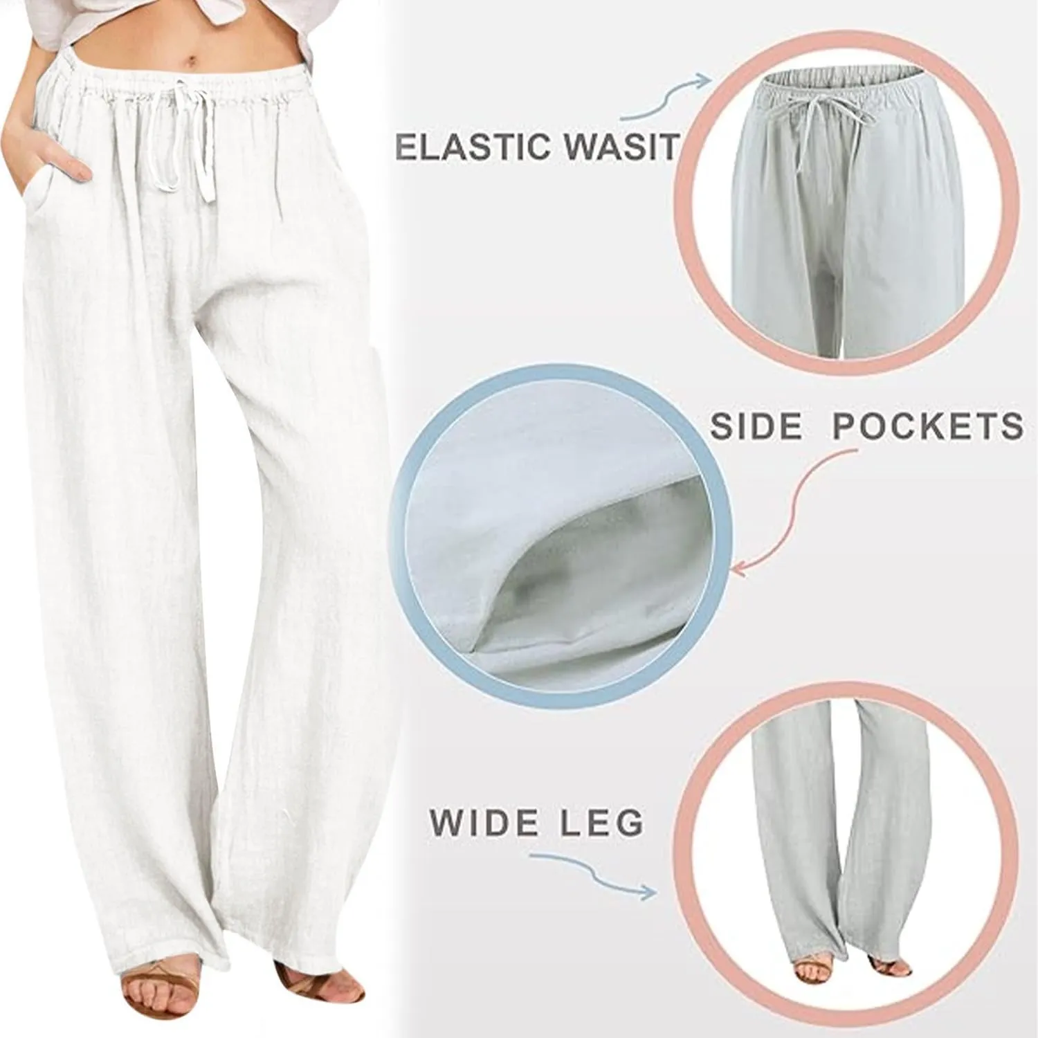 Linen Pants Women Wide Leg Casual Pants High Waist Drawstring Beach Summer Trousers with Pockets