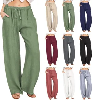 Linen Pants Women Wide Leg Casual Pants High Waist Drawstring Beach Summer Trousers with Pockets