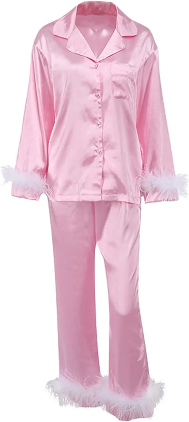 lisenraIn Women Christmas Pajama Set with Fur Long Sleeve Button Down Feather Trim Pjs 2 Piece Sleepwear Loungewear Set