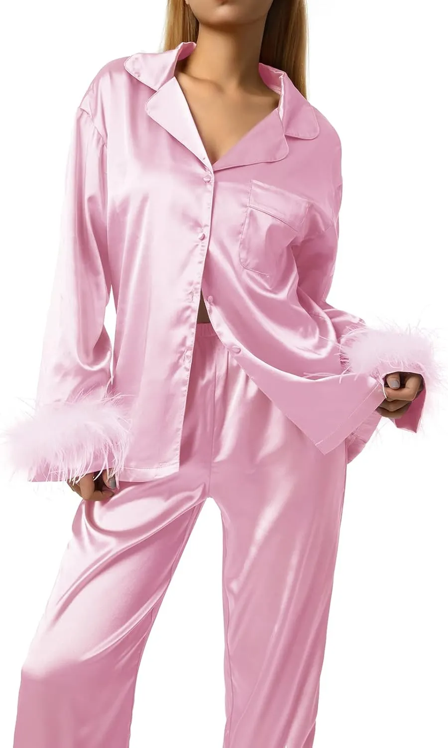 lisenraIn Women Christmas Pajama Set with Fur Long Sleeve Button Down Feather Trim Pjs 2 Piece Sleepwear Loungewear Set