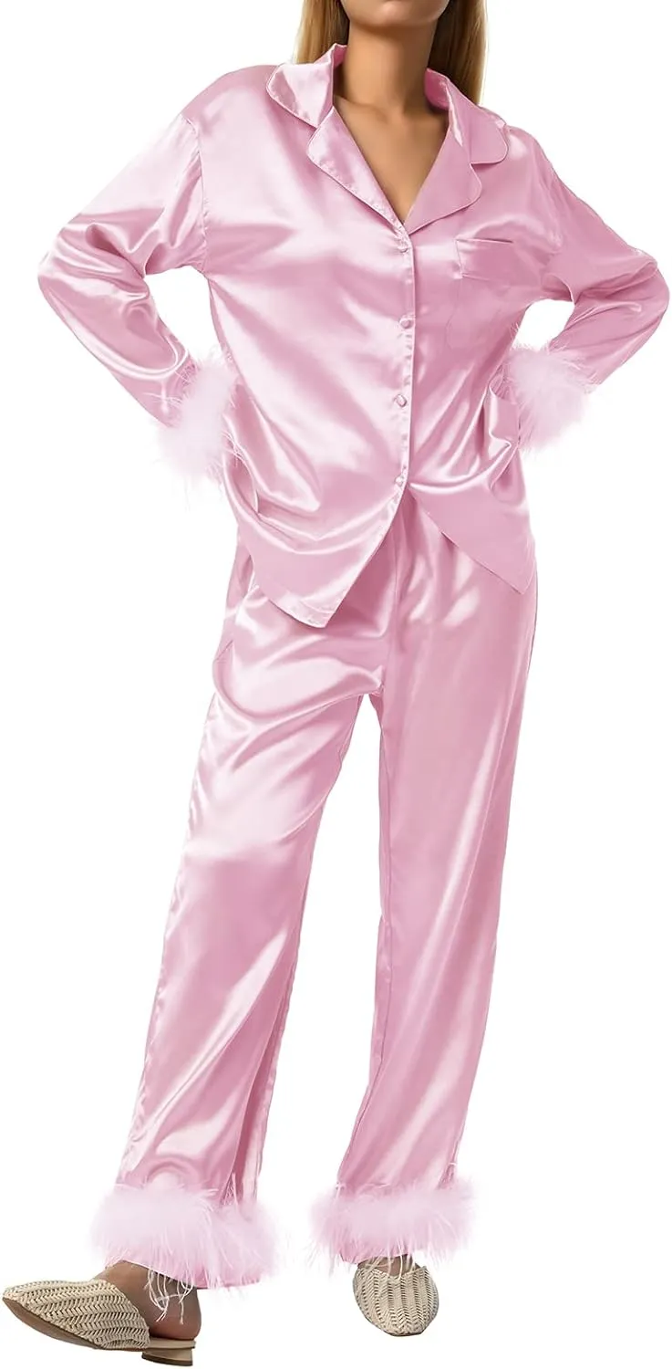 lisenraIn Women Christmas Pajama Set with Fur Long Sleeve Button Down Feather Trim Pjs 2 Piece Sleepwear Loungewear Set
