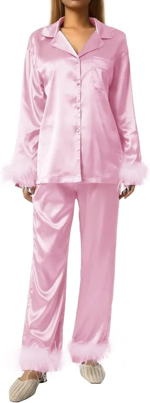 lisenraIn Women Christmas Pajama Set with Fur Long Sleeve Button Down Feather Trim Pjs 2 Piece Sleepwear Loungewear Set