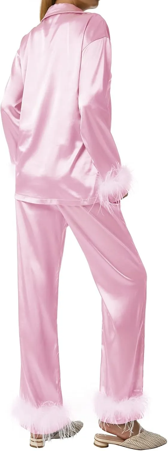 lisenraIn Women Christmas Pajama Set with Fur Long Sleeve Button Down Feather Trim Pjs 2 Piece Sleepwear Loungewear Set