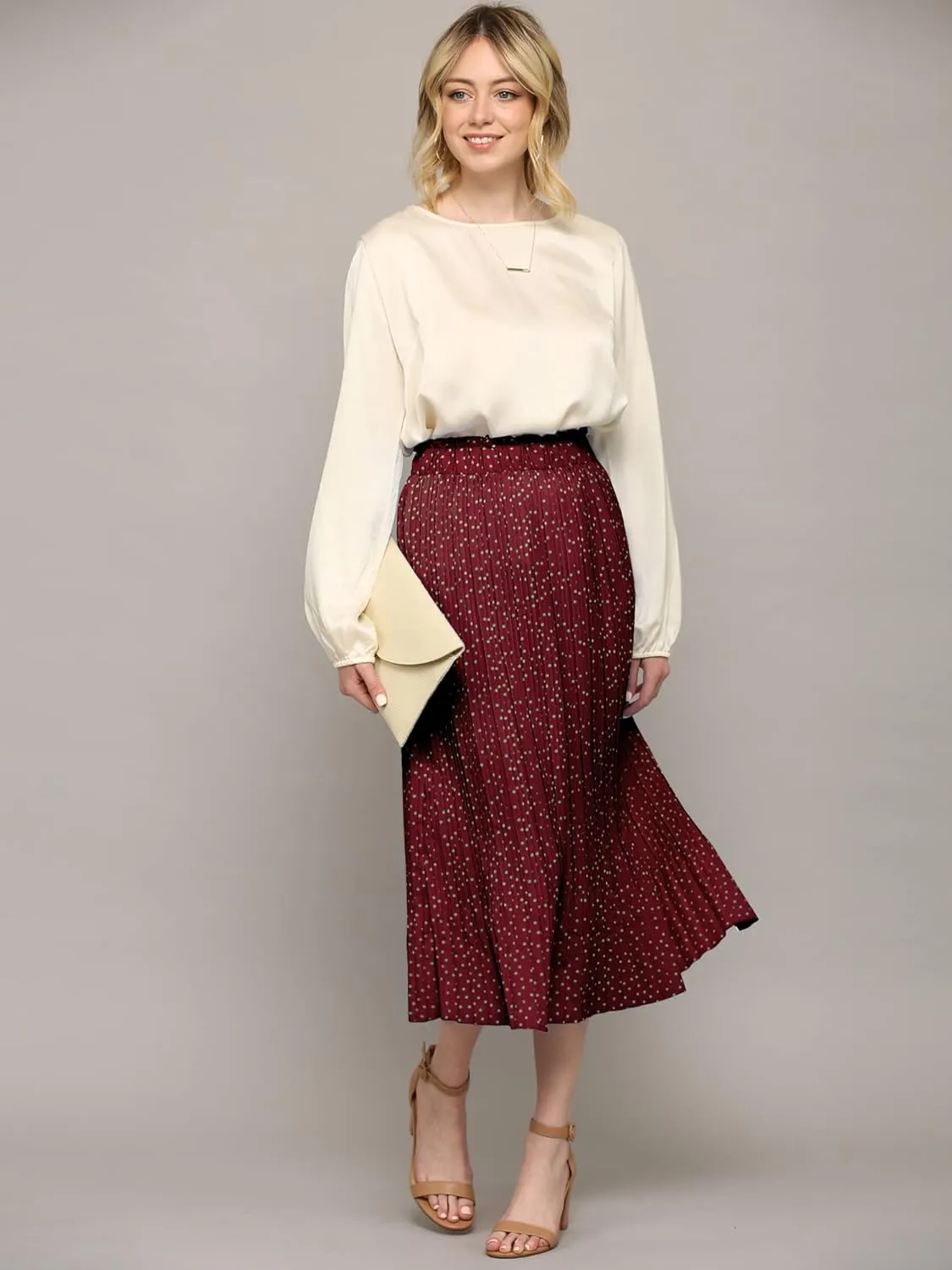 Lock and Love Womens High Waist Polka Dot Pleated Midi Swing Skirt with Pockets