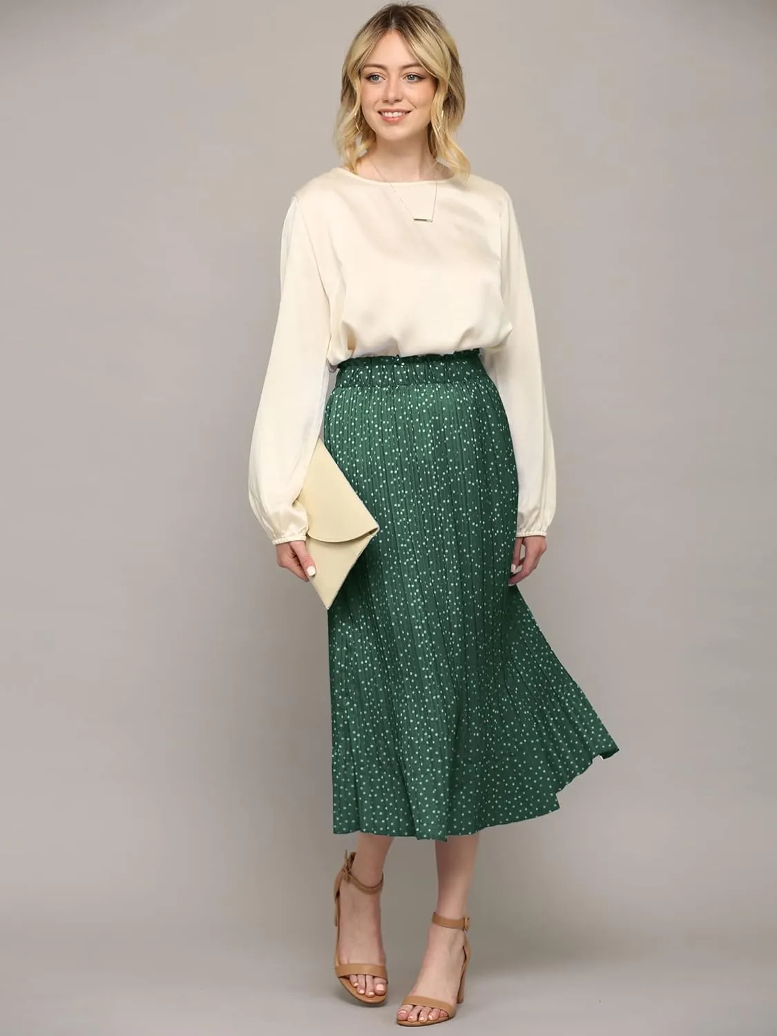 Lock and Love Womens High Waist Polka Dot Pleated Midi Swing Skirt with Pockets