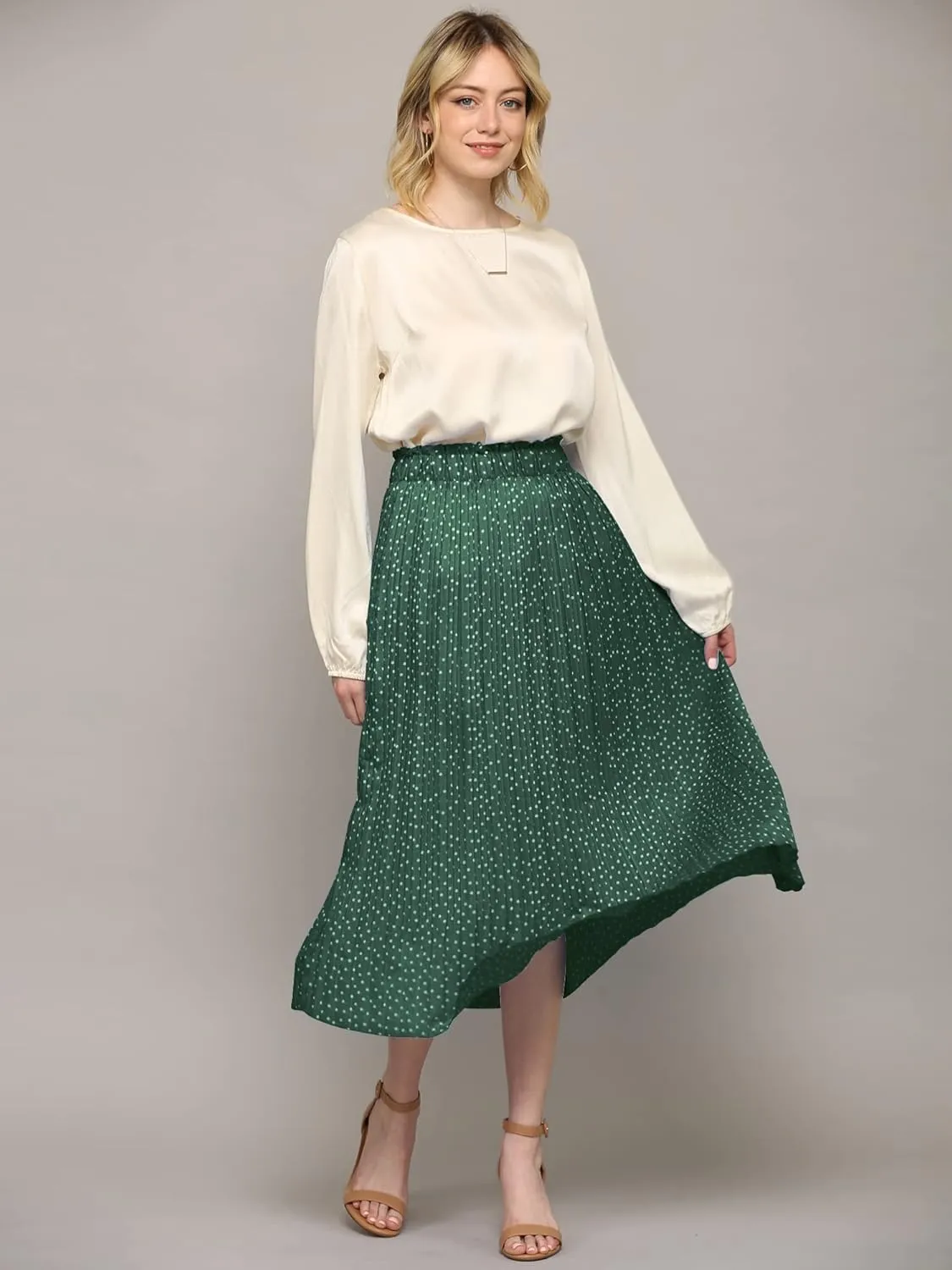 Lock and Love Womens High Waist Polka Dot Pleated Midi Swing Skirt with Pockets