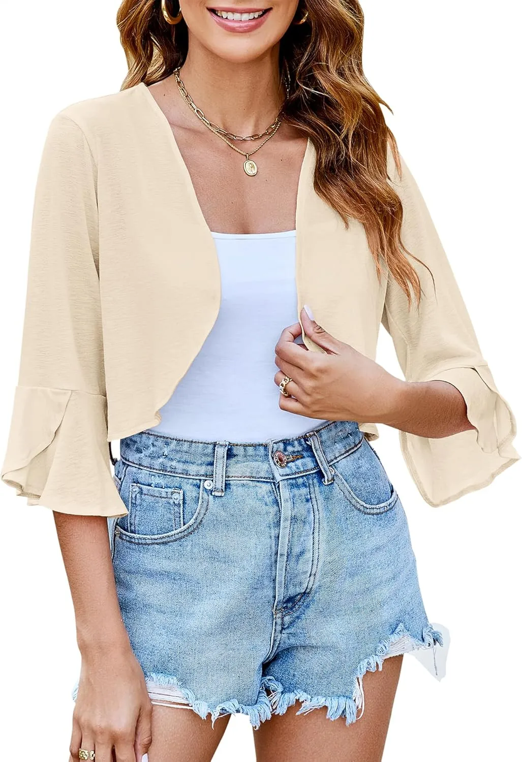 LOMON 3/4 Sleeve Cropped Cardigan for Women Lightweight Open Front Bolero Shrug for Dresses
