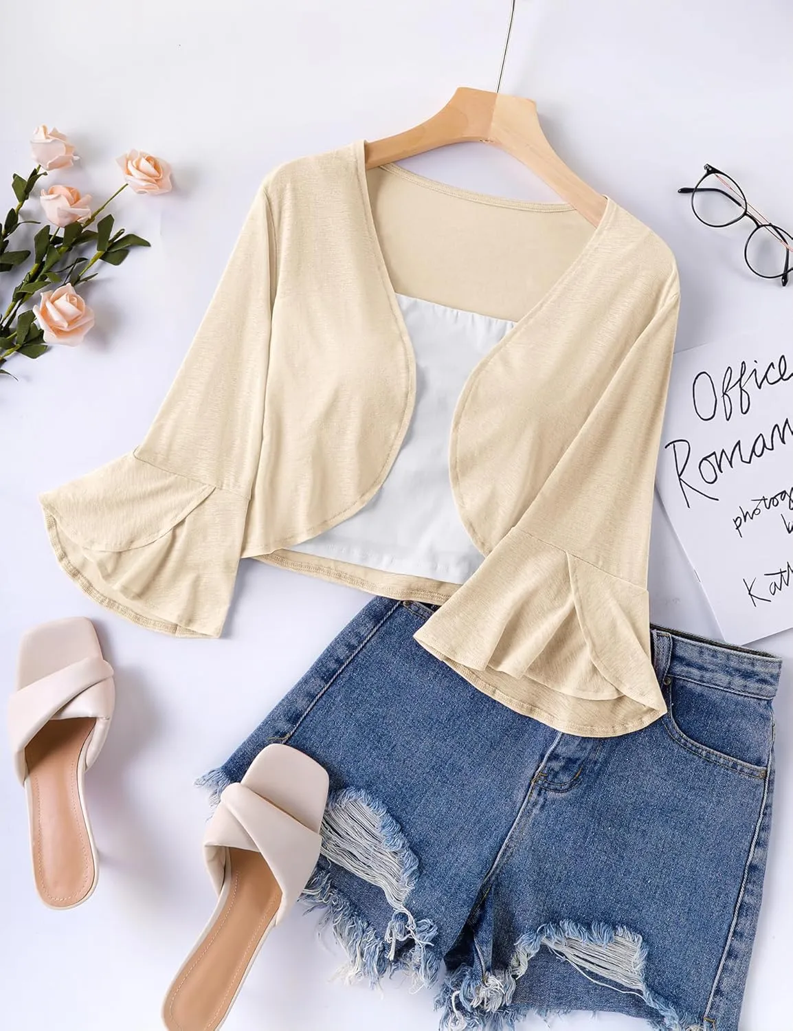 LOMON 3/4 Sleeve Cropped Cardigan for Women Lightweight Open Front Bolero Shrug for Dresses