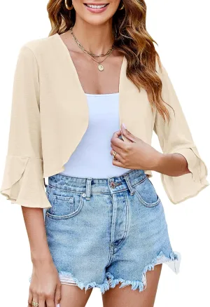 LOMON 3/4 Sleeve Cropped Cardigan for Women Lightweight Open Front Bolero Shrug for Dresses