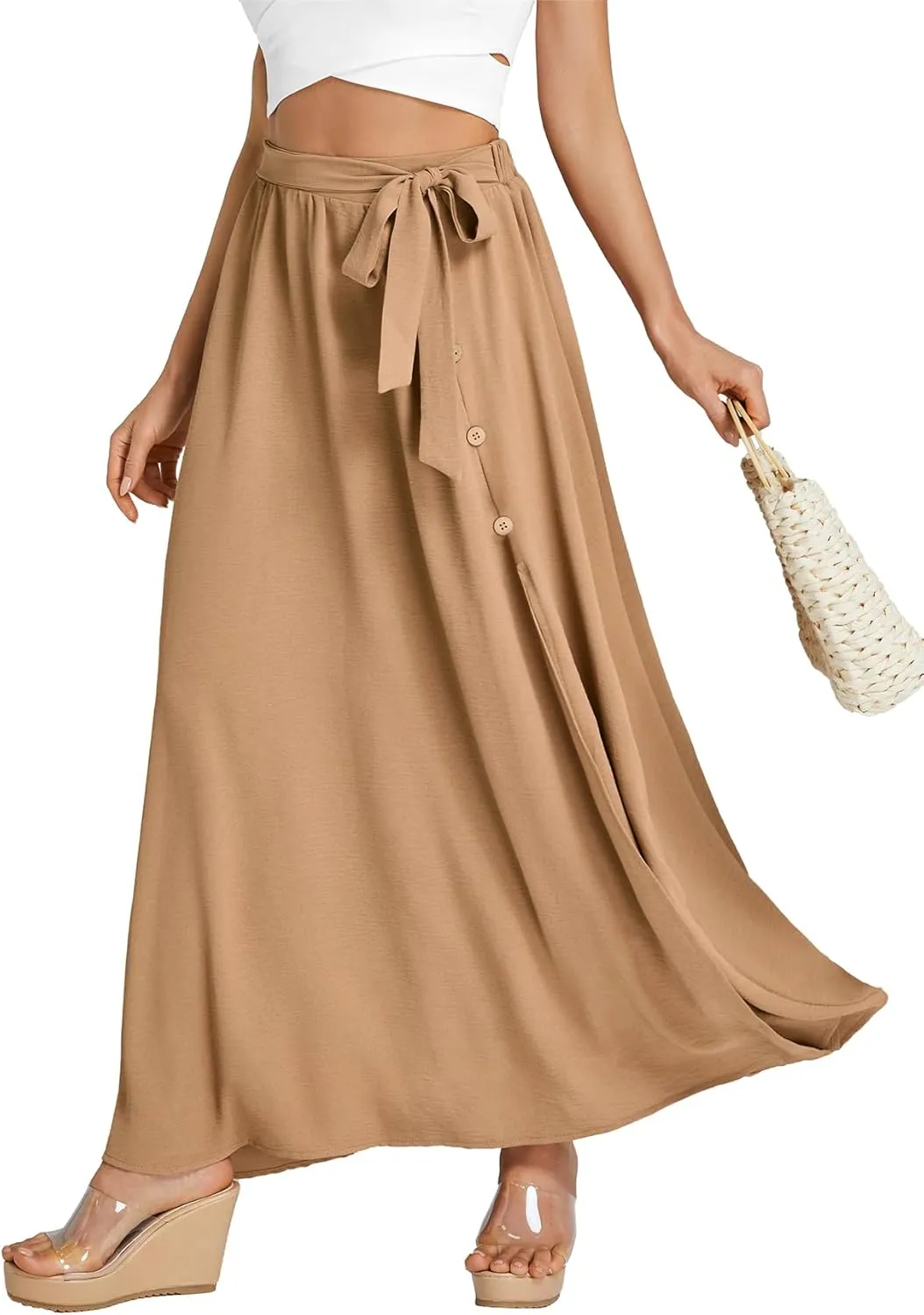 LYANER Women's Casual Tie Waist Button Front Split Skirts High Waist Swing Flowy Maxi Skirt