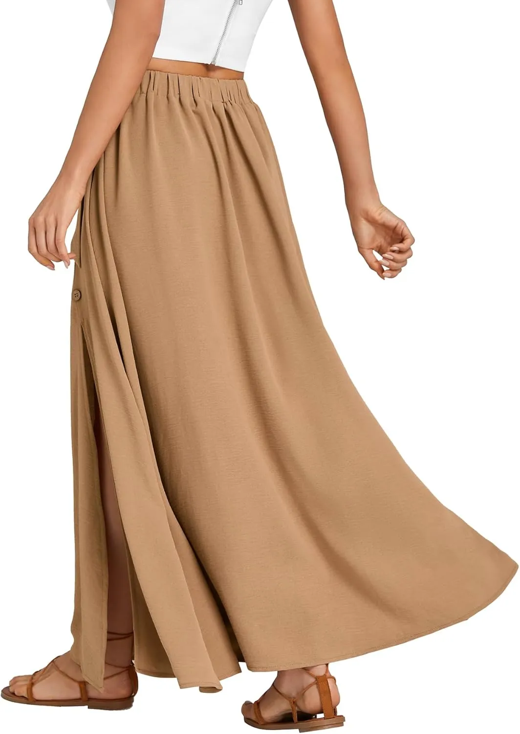 LYANER Women's Casual Tie Waist Button Front Split Skirts High Waist Swing Flowy Maxi Skirt