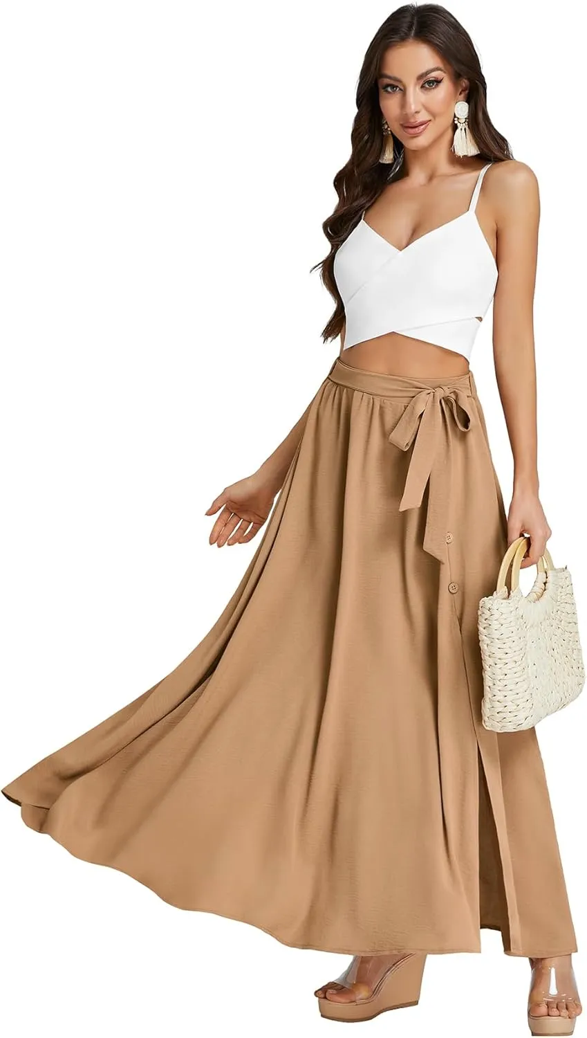 LYANER Women's Casual Tie Waist Button Front Split Skirts High Waist Swing Flowy Maxi Skirt