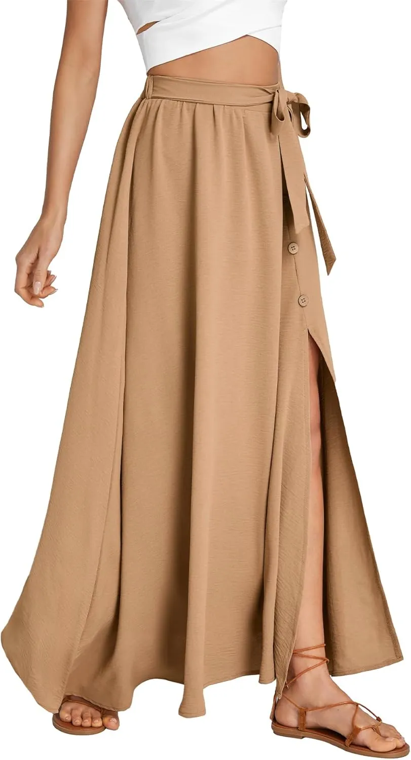 LYANER Women's Casual Tie Waist Button Front Split Skirts High Waist Swing Flowy Maxi Skirt