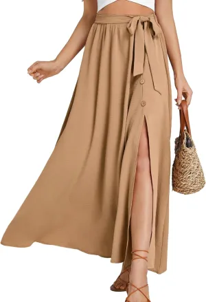 LYANER Women's Casual Tie Waist Button Front Split Skirts High Waist Swing Flowy Maxi Skirt