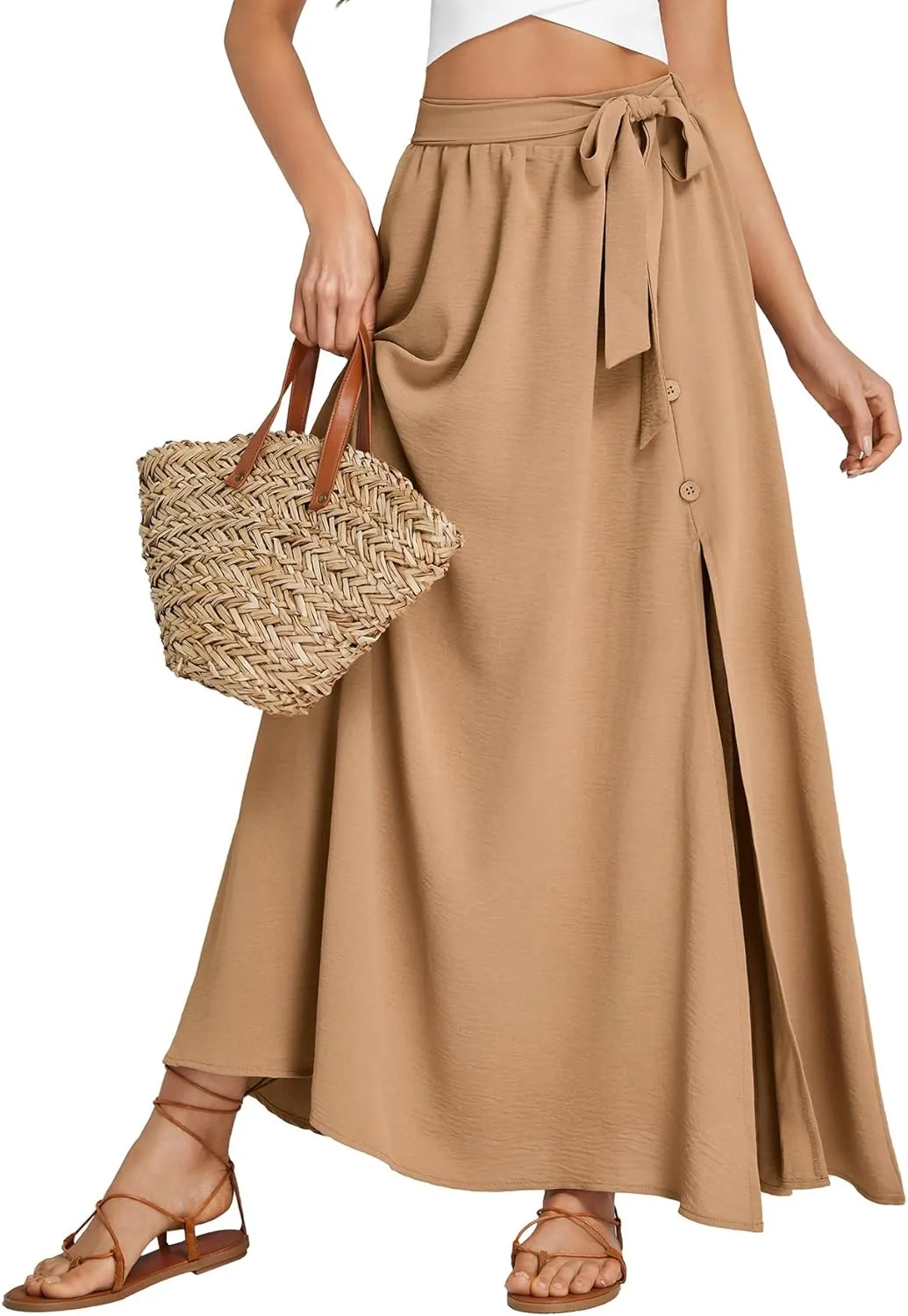 LYANER Women's Casual Tie Waist Button Front Split Skirts High Waist Swing Flowy Maxi Skirt