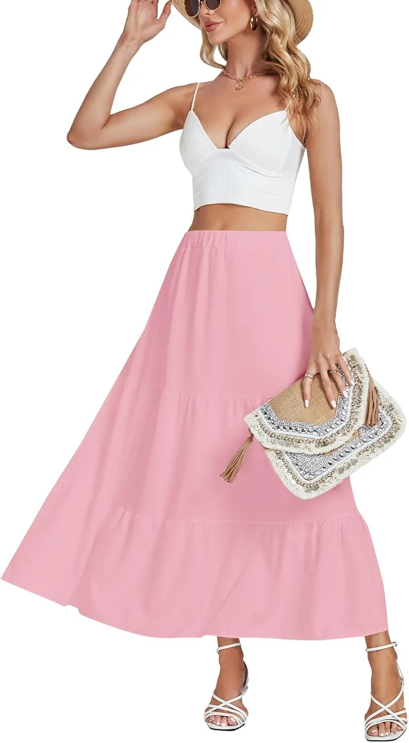 LYANER Women's Elastic High Waisted Ruched Tiered Ruffle Hem Swing Midi Skirts