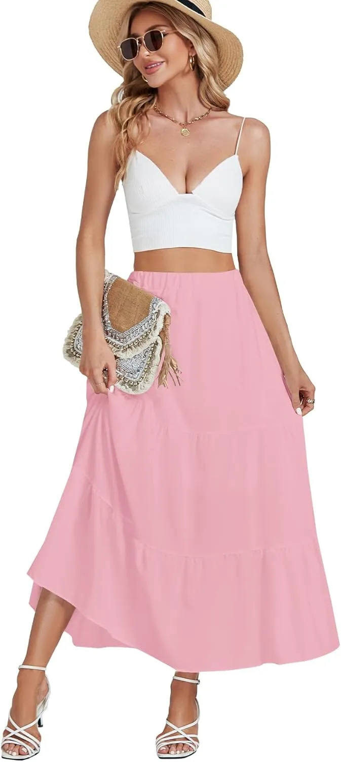 LYANER Women's Elastic High Waisted Ruched Tiered Ruffle Hem Swing Midi Skirts