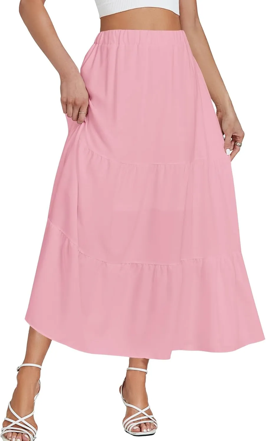 LYANER Women's Elastic High Waisted Ruched Tiered Ruffle Hem Swing Midi Skirts