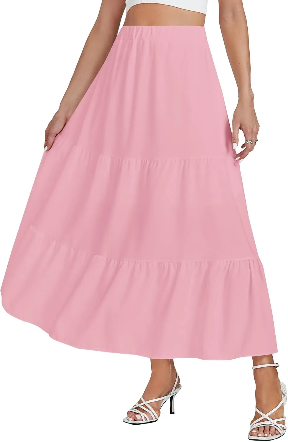 LYANER Women's Elastic High Waisted Ruched Tiered Ruffle Hem Swing Midi Skirts
