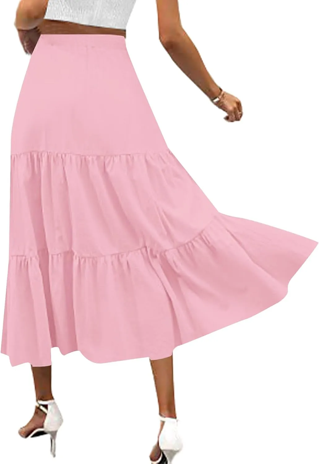LYANER Women's Elastic High Waisted Ruched Tiered Ruffle Hem Swing Midi Skirts