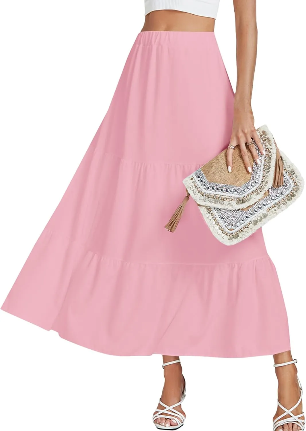 LYANER Women's Elastic High Waisted Ruched Tiered Ruffle Hem Swing Midi Skirts