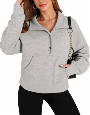 MANGOPOP Quarter Zip Pullover Women Sweatshirts Hoodies with Thumb Holes 2 Kangaroo Pockets Half Zip Cropped Clothes