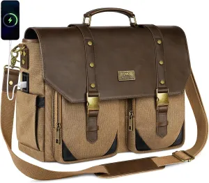 MATEIN Vintage Messenger Bag with USB Port & RFID Pocket, 15.6 inch Laptop Bag Large Canvas PU Leather Men Briefcase, Water Resistant Computer Shoulder Satchel Crossbody for Work Commuting College