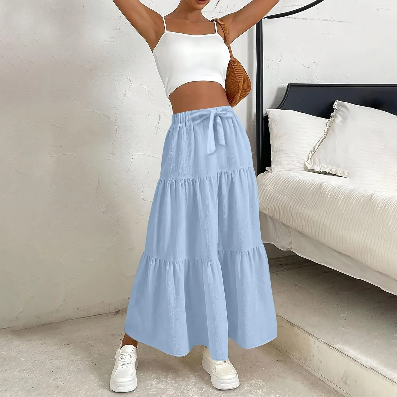 Maxi Skirts for Women Trendy High Waisted Flowy Tiered Linen Skirt Casual Pleated A-Line Beach Long Skirts with Tie