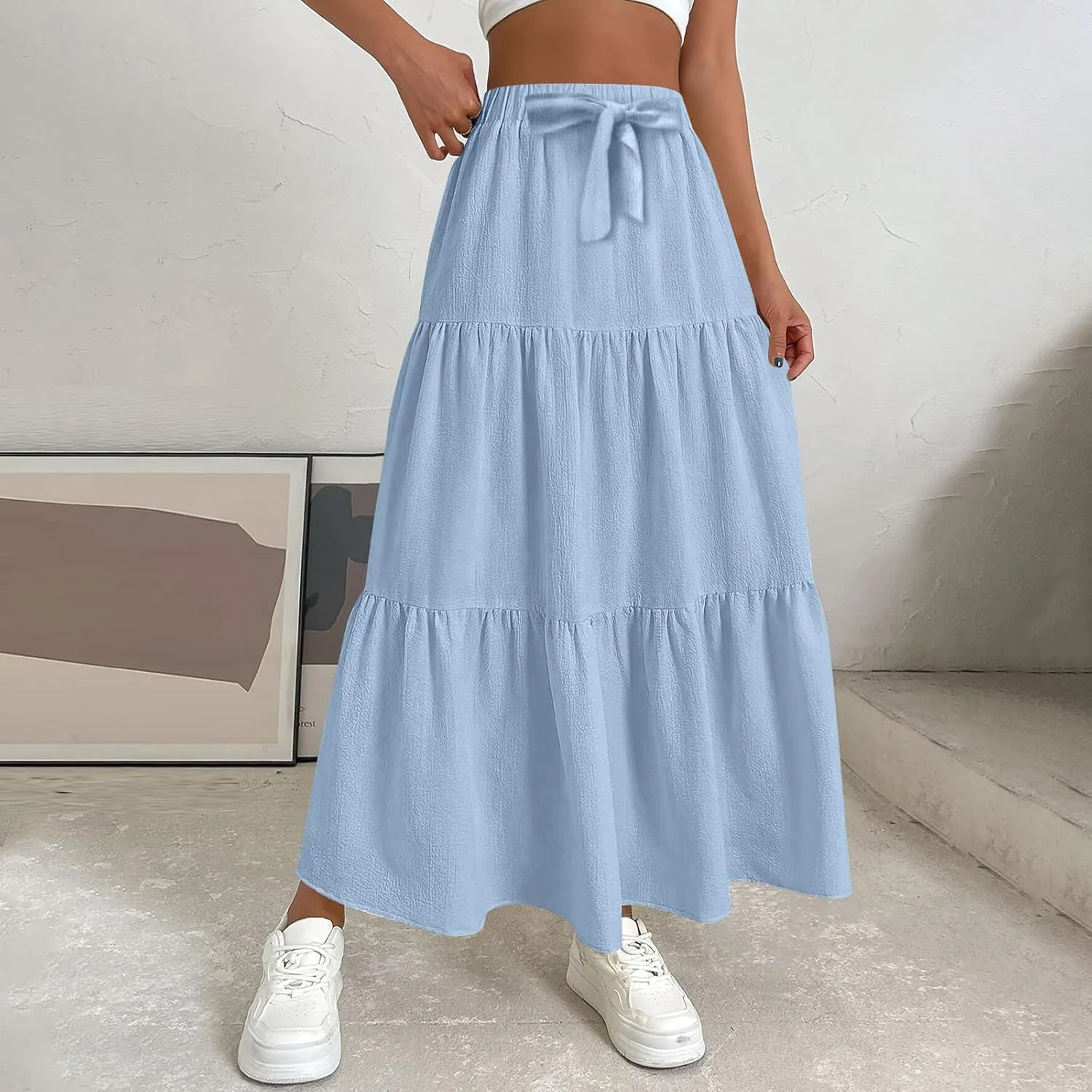 Maxi Skirts for Women Trendy High Waisted Flowy Tiered Linen Skirt Casual Pleated A-Line Beach Long Skirts with Tie