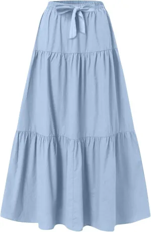 Maxi Skirts for Women Trendy High Waisted Flowy Tiered Linen Skirt Casual Pleated A-Line Beach Long Skirts with Tie