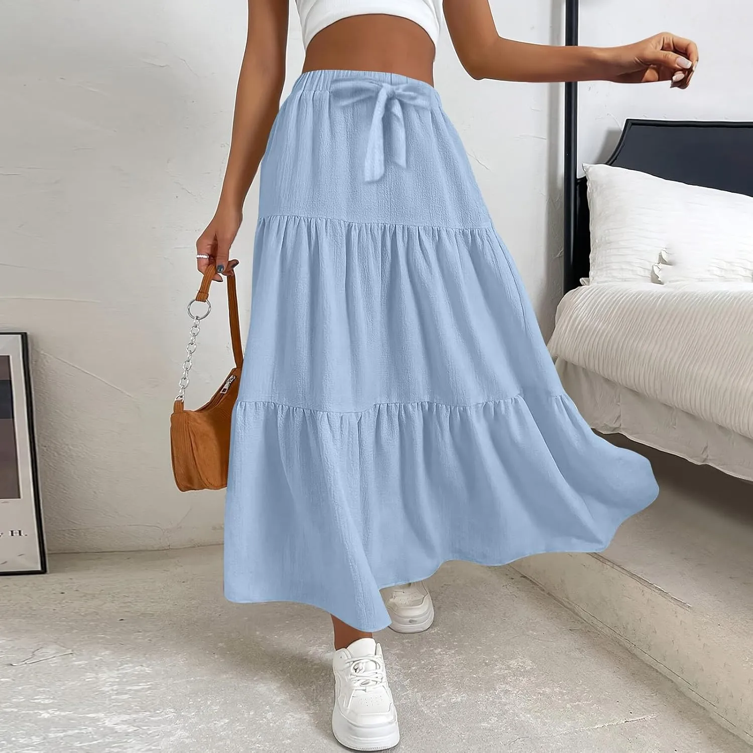 Maxi Skirts for Women Trendy High Waisted Flowy Tiered Linen Skirt Casual Pleated A-Line Beach Long Skirts with Tie