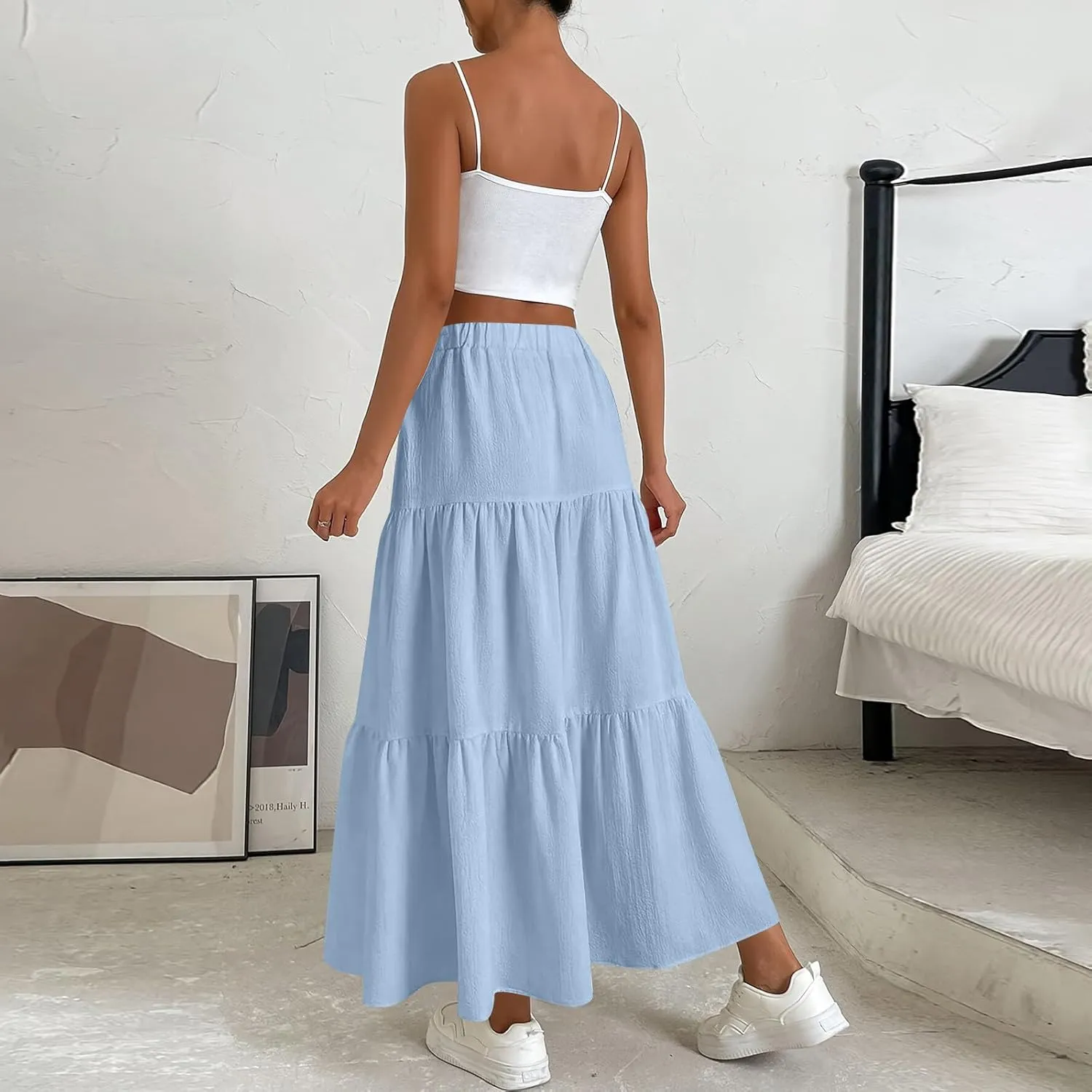 Maxi Skirts for Women Trendy High Waisted Flowy Tiered Linen Skirt Casual Pleated A-Line Beach Long Skirts with Tie