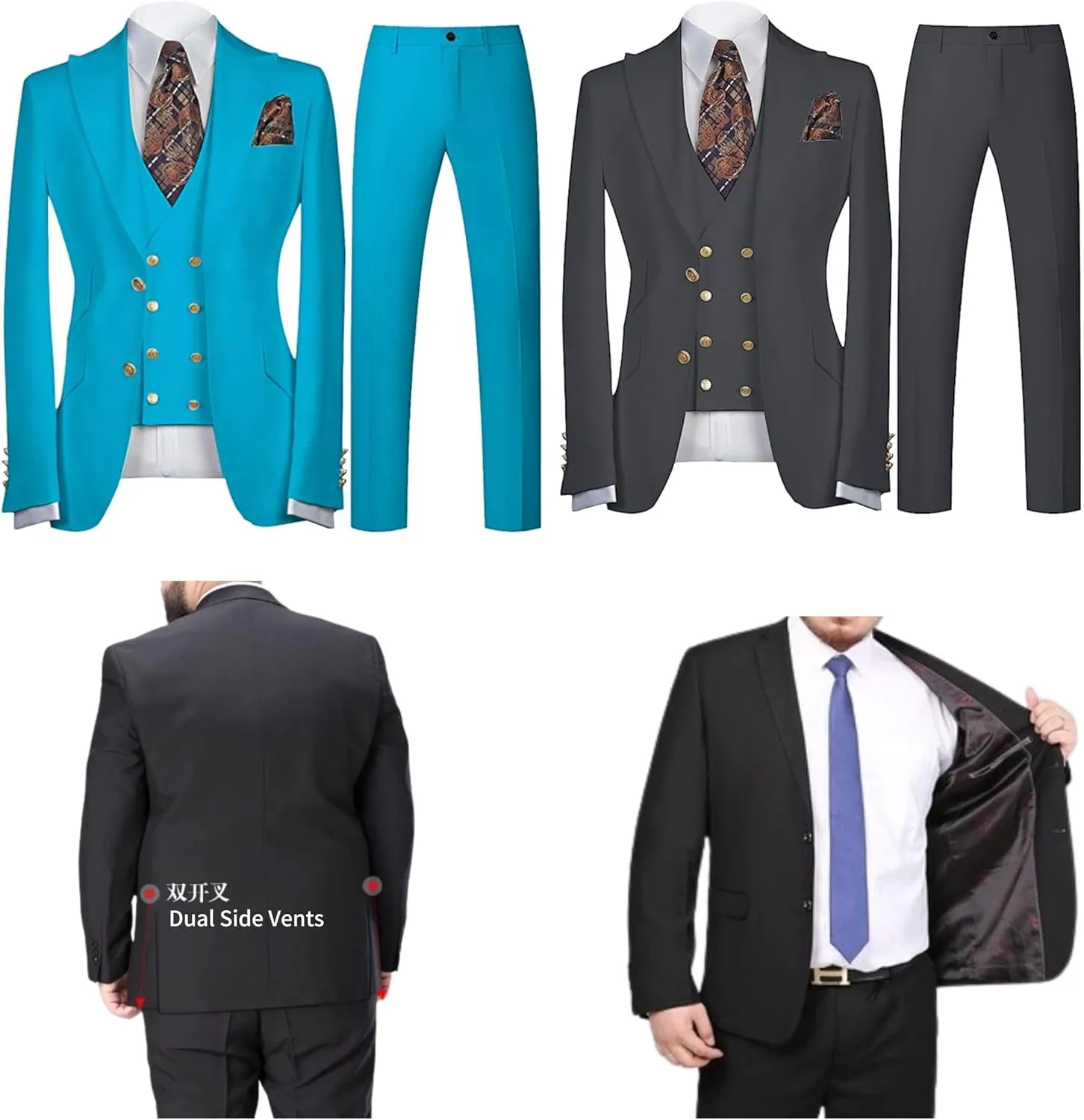 Men 3 Piece Jacket Vest Pants Suits 2 Button Suits Tuxedo Blazer Dress